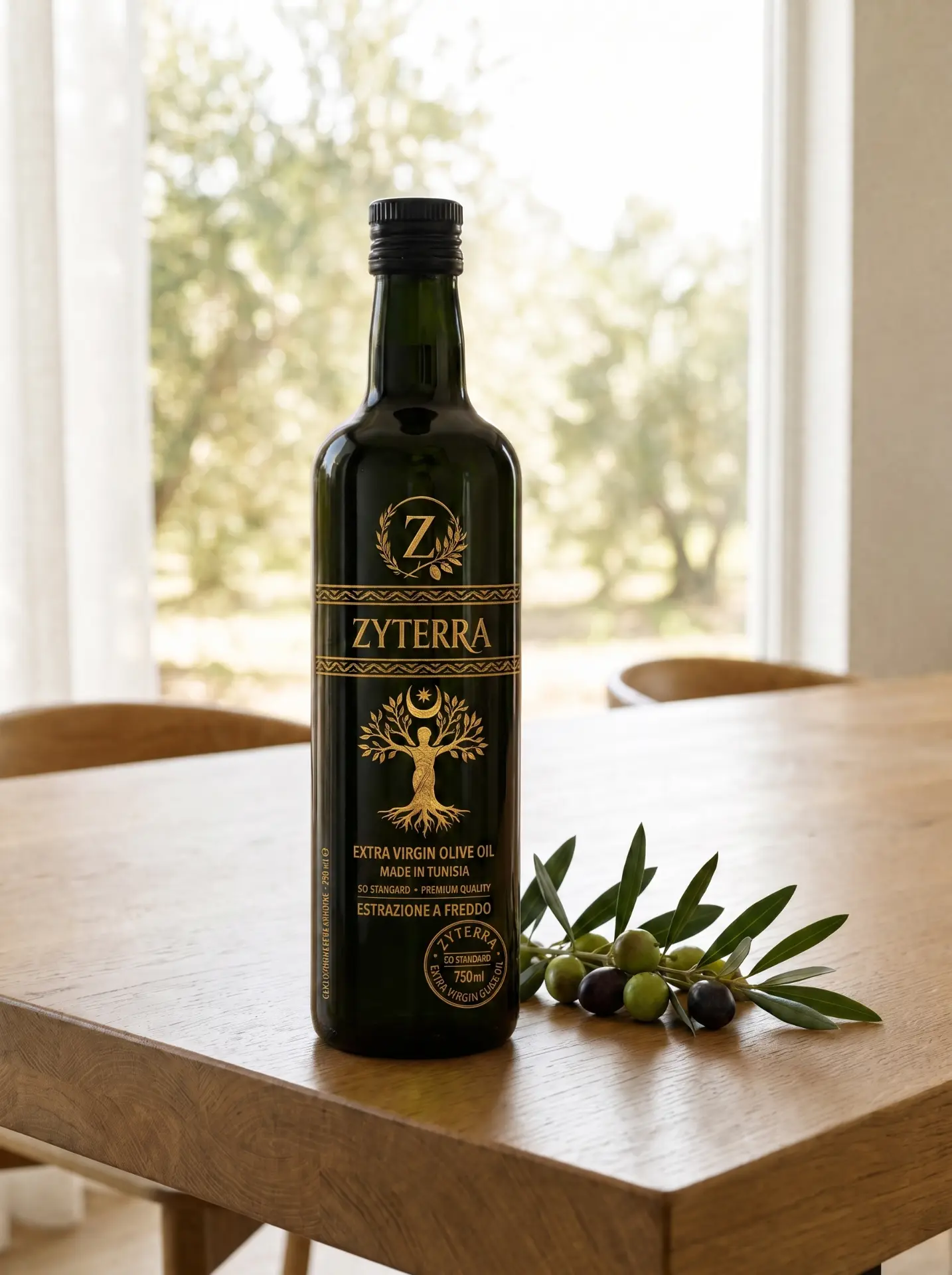 Bottiglia ZYTERRA di olio extra vergine d'oliva su un tavolo in rovere, con rami d'olivo e olive verdi e nere, in una stanza luminosa e minimale
